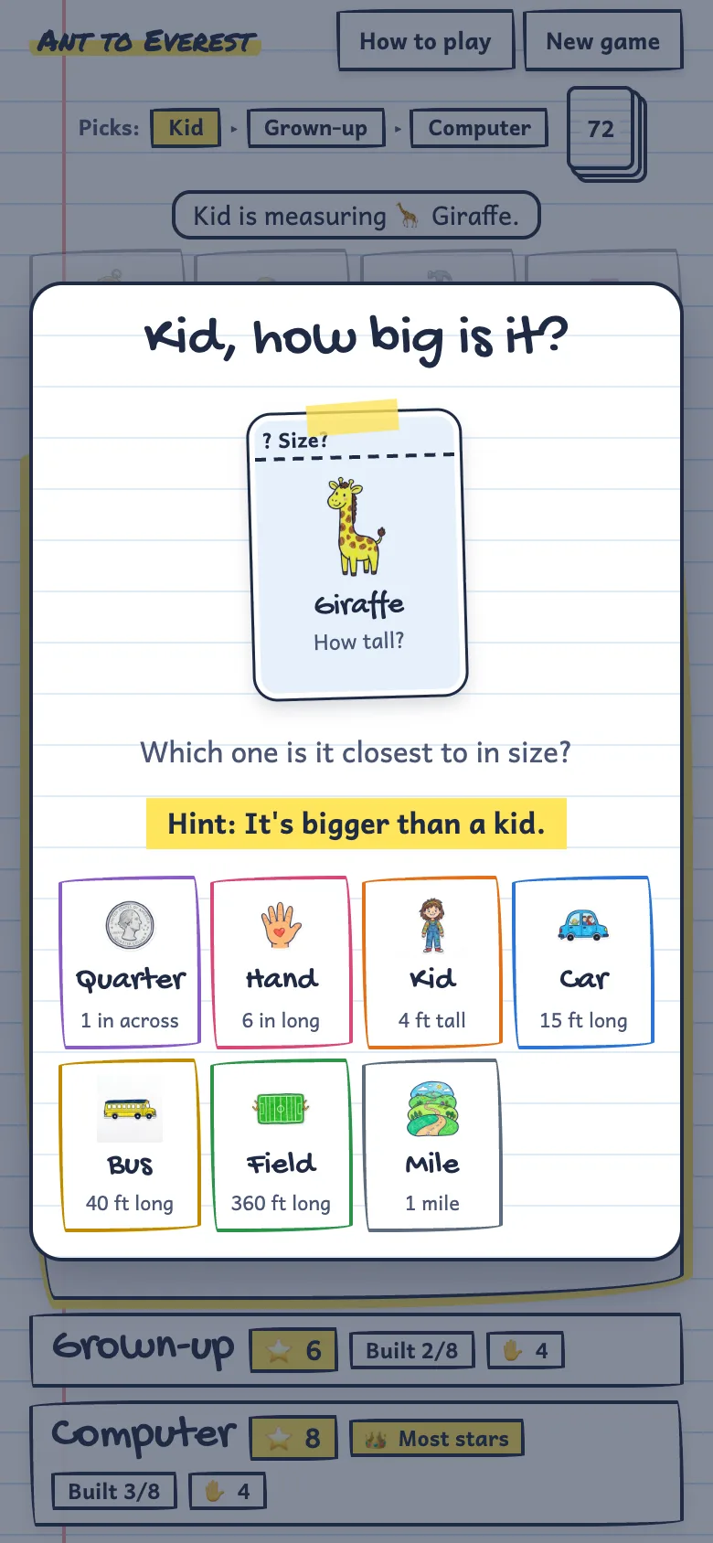 Measuring a giraffe: pick the size it’s closest to, from a quarter up to a mile